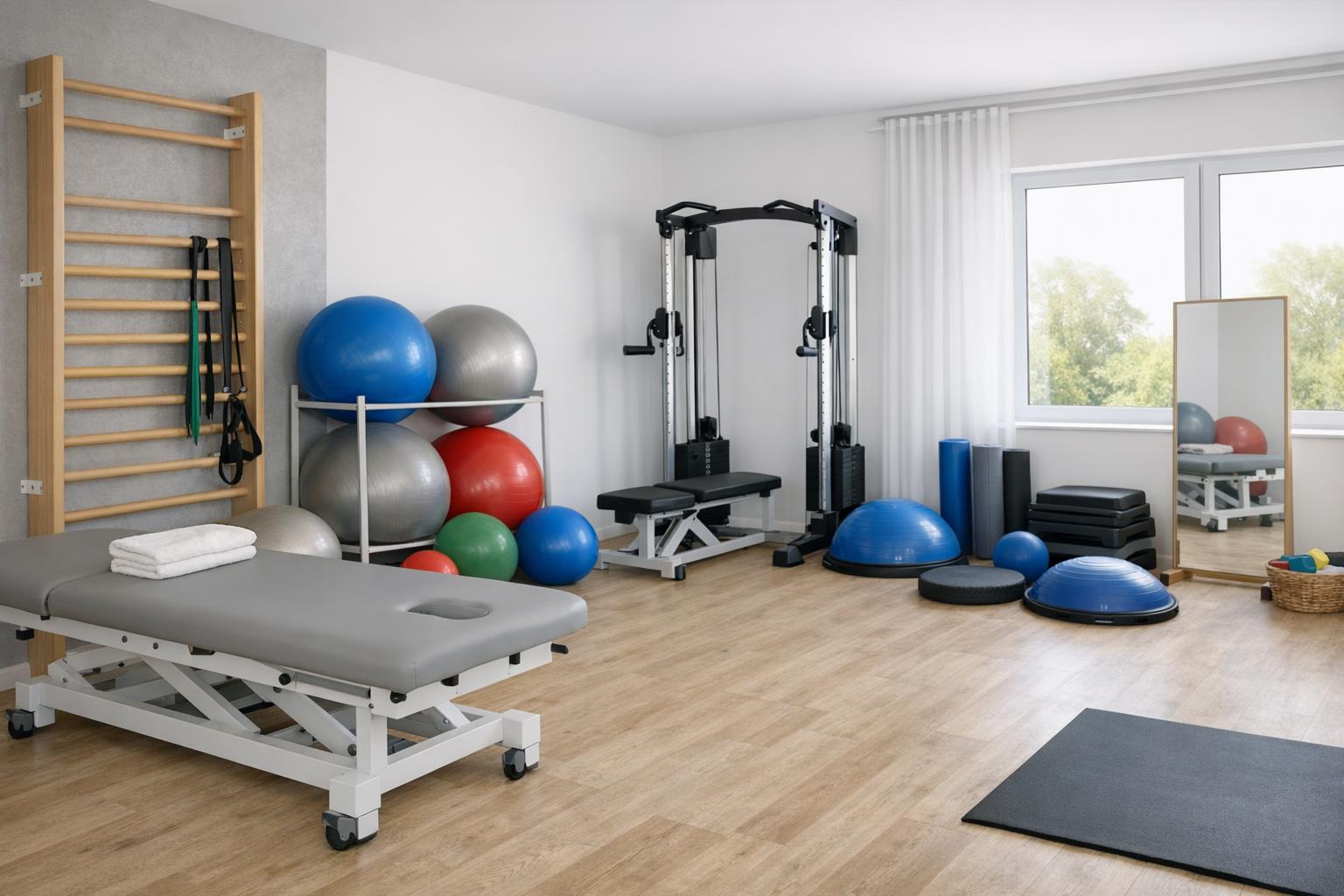 Gabinet fizjoterapii - sala z sprzętem do ćwiczeń i piłkami rehabilitacyjnymi